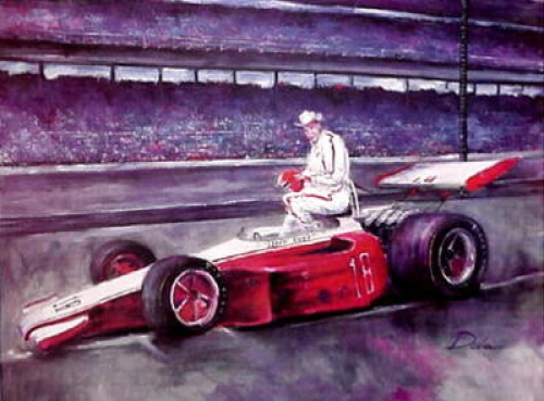 Race car driver, white suit, red car with a white nose, sitting in car. Speedway setting, stadium background.