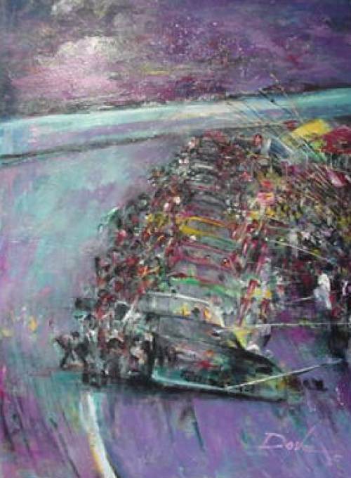Abstract painting of a boat filled with figures, purple and blue tones, possibly at sea.
