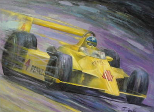 Yellow race car speeding, blurred motion, driver visible, racing track background.