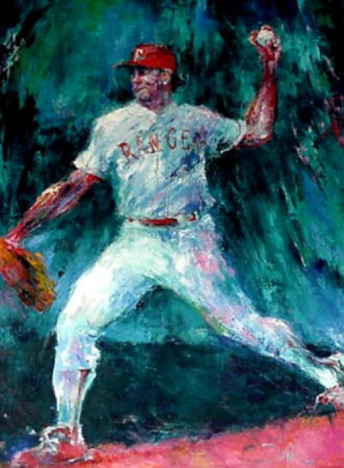 Baseball pitcher in a Texas Rangers uniform, throwing a pitch. Turquoise background, impressionistic style.