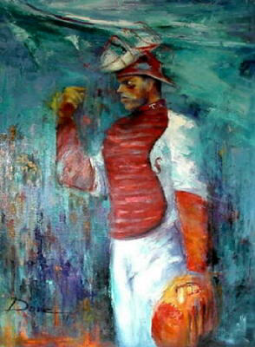 Baseball catcher in red and white uniform, holding glove, intense expression.