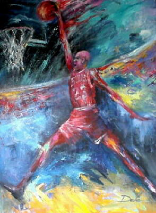 Michael Jordan dunking a basketball, painted with vibrant colors.