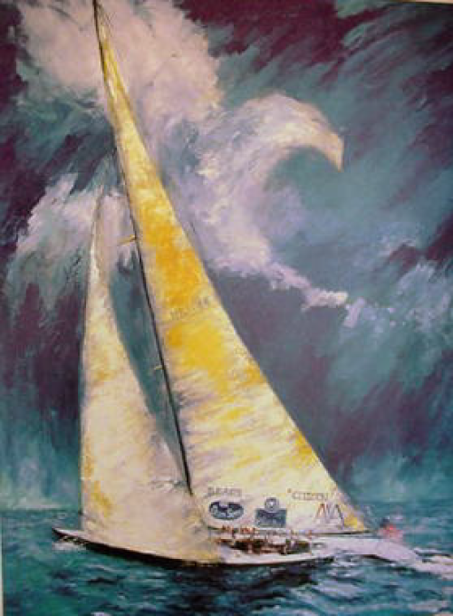 Sailboat racing through stormy waters, yellow sails, dark blue waves.