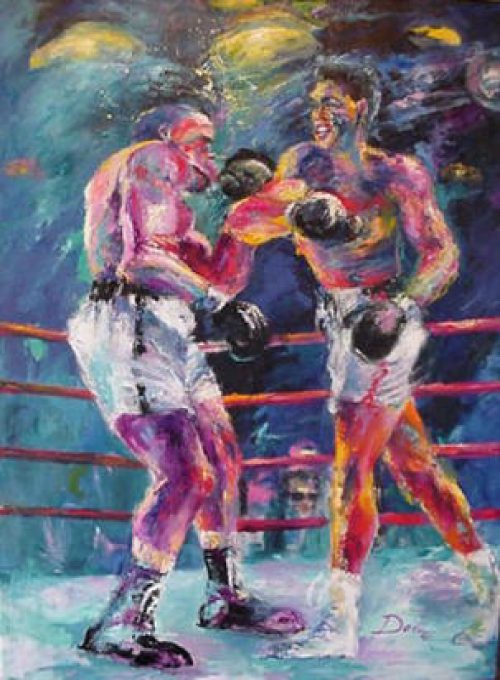 Two boxers in a ring; one throwing a punch, colorful palette of blues, pinks, and yellows.