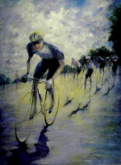 Cyclist in blue and white leads a pack, riding on wet road, under cloudy sky.