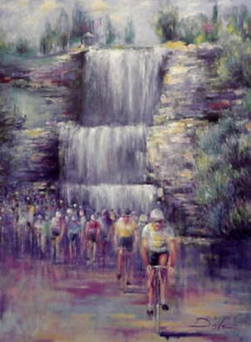 Cyclists racing past a multi-tiered waterfall. Soft, blurred impressionist style with a crowd of spectators.