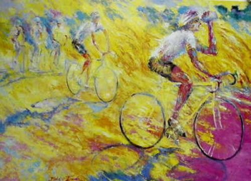 Cyclists racing on a bright yellow, abstract landscape; one cyclist prominent in white, others blurred in the background.