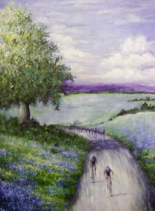 Cyclists on a road through a field of blue wildflowers, under a cloudy sky.