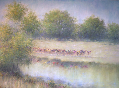 A pastel painting depicts cyclists in a field, trees in the background, a hazy and misty ambiance.