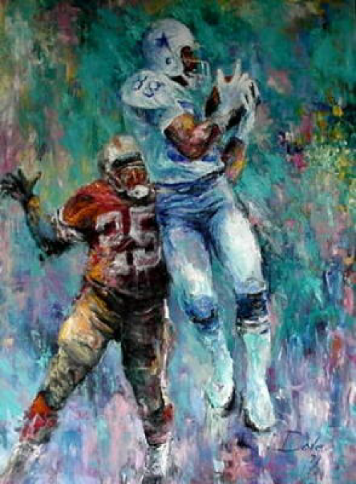 Football players in action, one leaping to catch a ball, other reaching, artistic painting style.