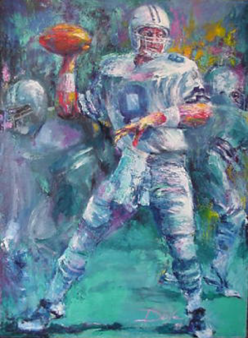 Oil painting of a football player in a white uniform throwing a pass, other players blurred in background.