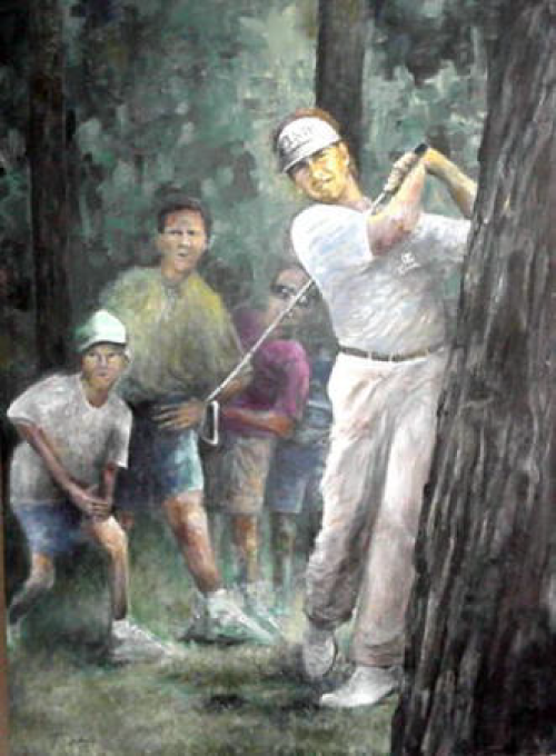 Golfer swinging club near a tree, watched by four kids in a wooded area.