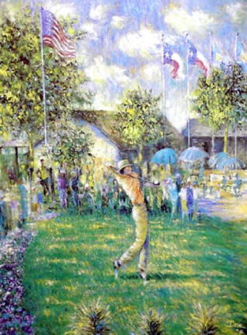 Golfer swinging on a green; spectators, flags, and a building in the background.