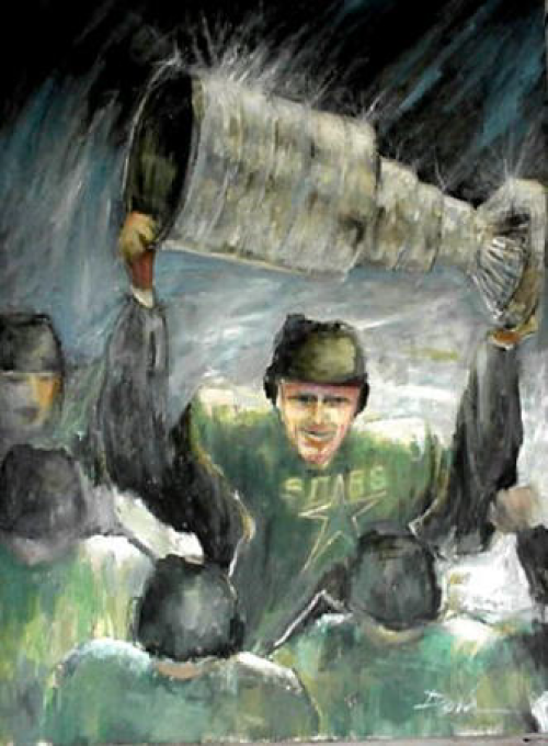 Hockey player holding up the Stanley Cup trophy with teammates. Green jerseys. Dark background.
