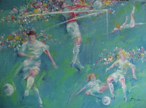 Soccer players in action on green field; one is mid-air near the goal, other players close by.