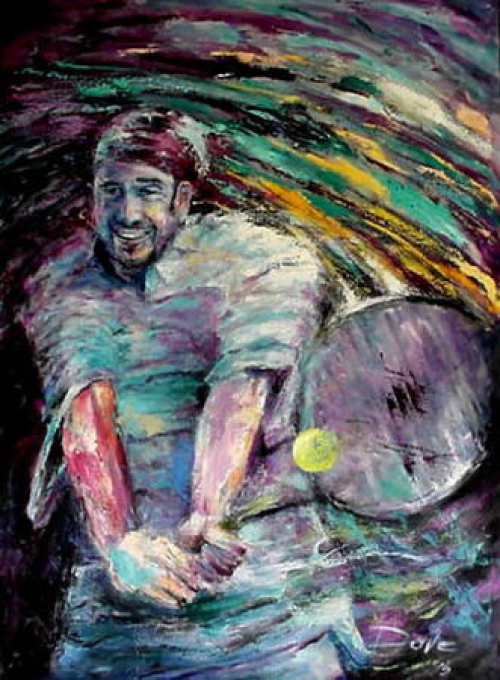 Tennis player in action, smiling, with racket and ball. Colorful, abstract painting style.