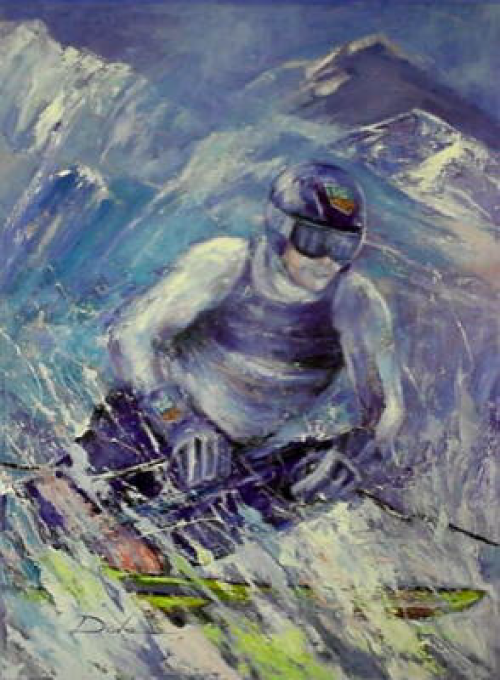 Skier in white suit and blue helmet carves through powder on a mountain, with snowy peaks in the background.