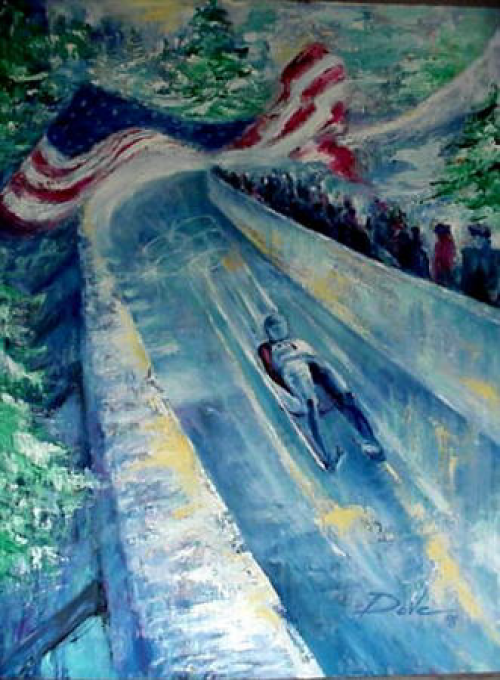 Luge athlete speeds down an icy track under an American flag. Blue, white, red. Winter sport.