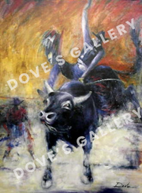 Bull rider thrown, airborne, black bull bucking. Dusty arena, fiery sky.