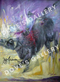 Painting of a bucking bull, rider unseen. Shades of purple, yellow, and gray with artist signature.