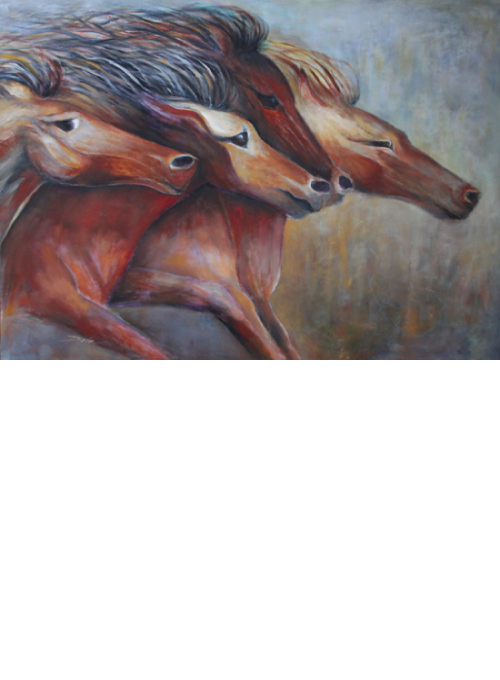 Four reddish horses with flowing manes, heads together, running against a muted background.