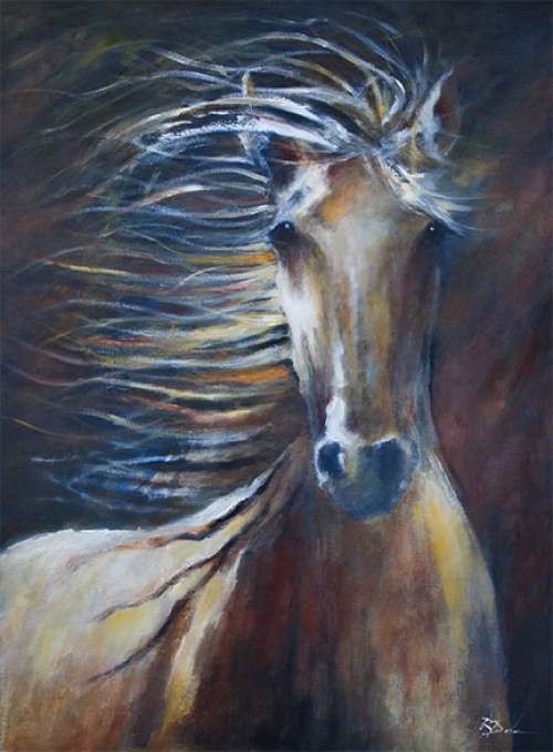 A brown and white horse with flowing mane against a dark background, in an energetic pose.