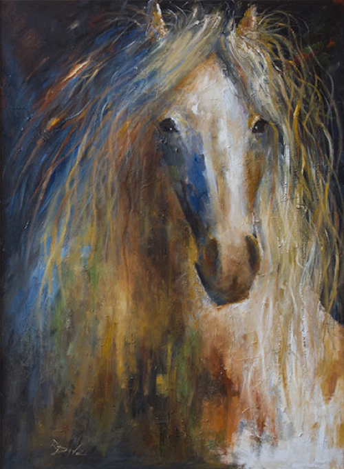 Horse portrait; white face, flowing mane, soft brushstrokes, dark background.