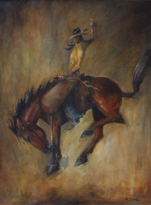Cowboy riding a bucking bronco. Horse and rider in mid-air. Dusty brown and tan hues.