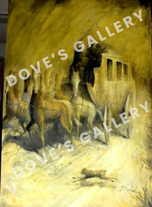 Horses pulling a carriage through a golden-hued landscape; a small animal runs in front.