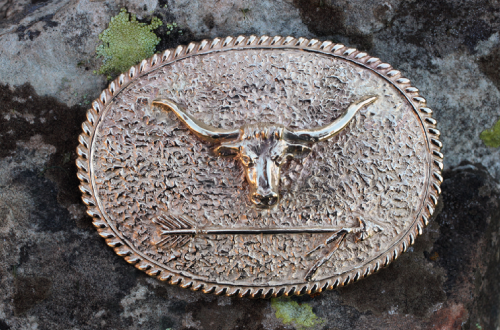 Gold belt buckle with a Texas longhorn on textured oval.