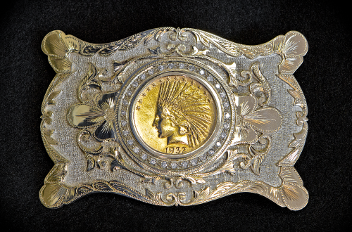 Gold Indian Head coin buckle, silver filigree border.