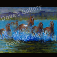 Horses with brown coats gallop through blue water, creating splashes, with mountains in the background.