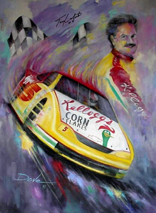 Race car with Kellogg's Corn Flakes sponsorship, driver's portrait, checkered flags, and vibrant colors.