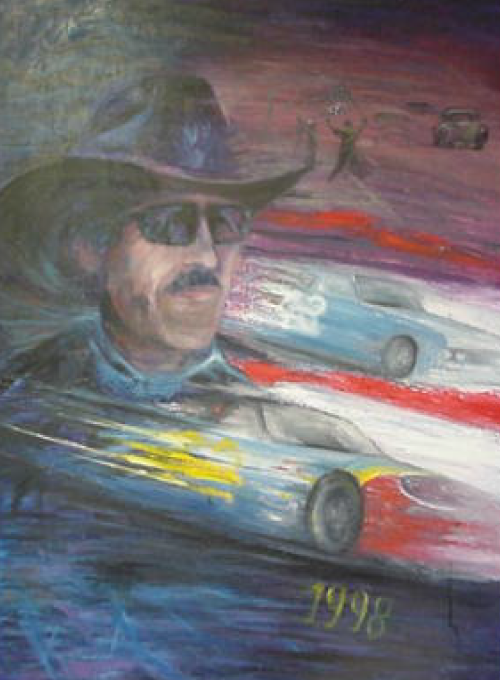 Painting of Dale Earnhardt, wearing a hat and sunglasses, with race cars and a waving figure, 1998.
