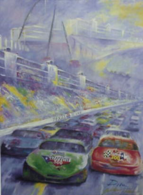 Race cars speeding on a track, viewed from behind. Spectator stands, track, and a hazy sky are in view.