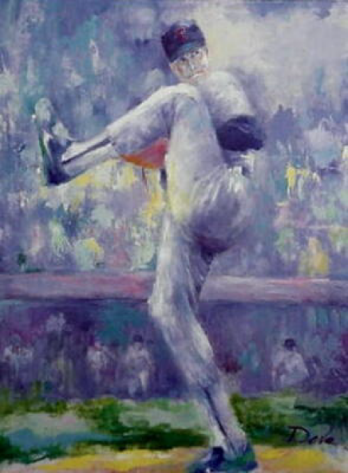 Baseball pitcher in mid-throw, painted with soft blues and greens.