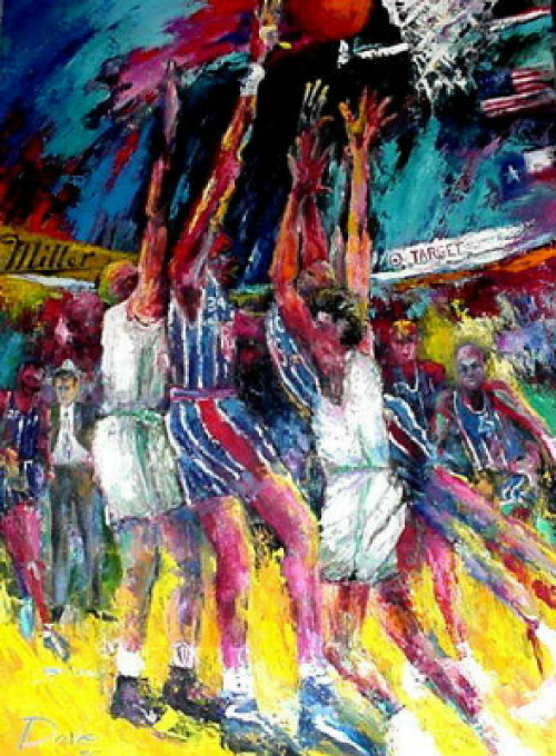 Basketball players in a colorful abstract painting, reaching for the ball near the hoop.