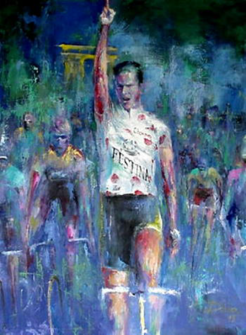 Cyclist in white jersey with red polka dots, arms raised in victory, in front of the Arc de Triomphe.