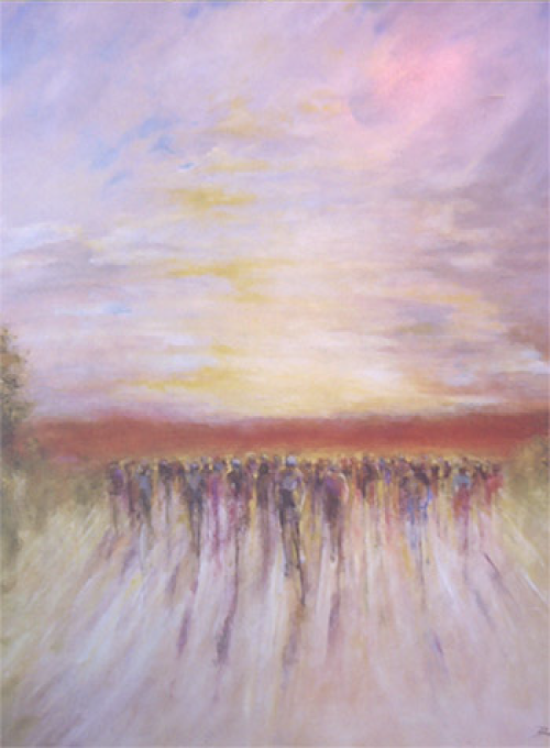 Abstract painting of a crowd of figures at a sunset, pink and orange hues.