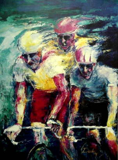 Cyclists racing. Three cyclists in helmets and jerseys, blurred motion, bright colors, green background.