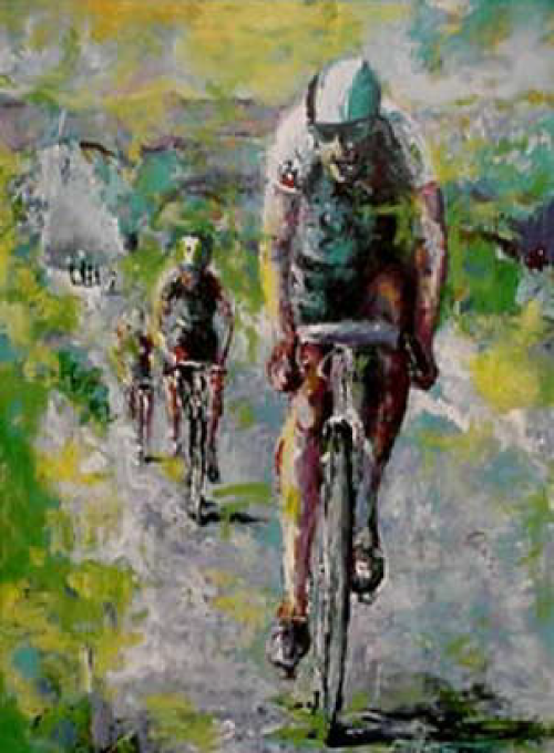 Cyclists racing uphill on a road. Bright, impressionistic painting with green, yellow and blues.