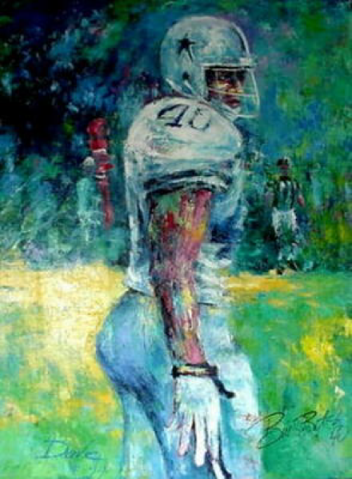 Oil painting of a Dallas Cowboys player in a white uniform, set in a green field.