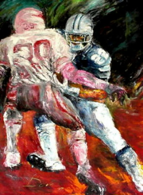 Football players in action, blurred painting; red, white, and blue uniforms; dynamic motion, fiery background.