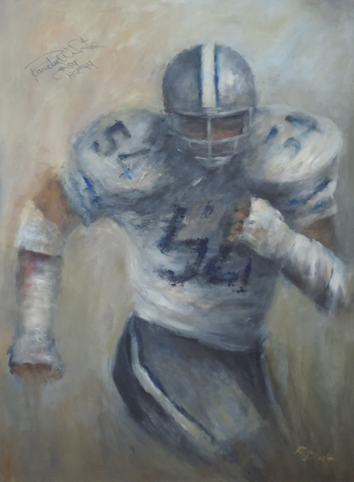 Football player in Dallas Cowboys uniform, number 54, running, blurred background.