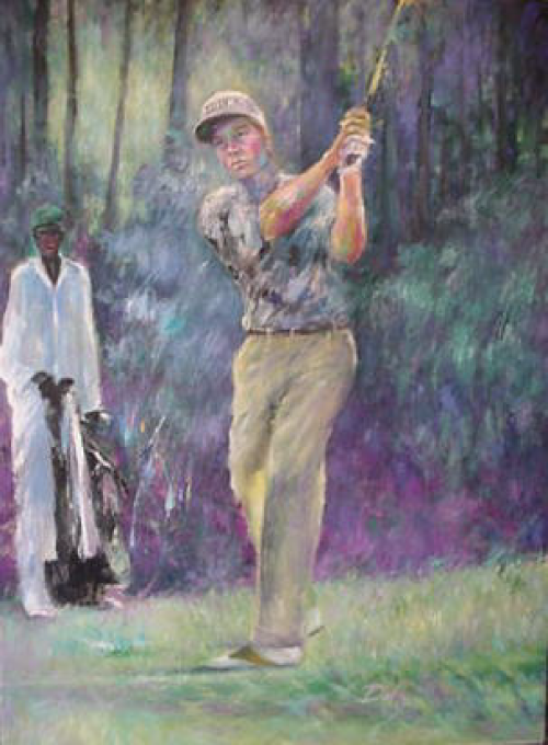 Golfer swinging club on a course; caddie watches; trees in background.
