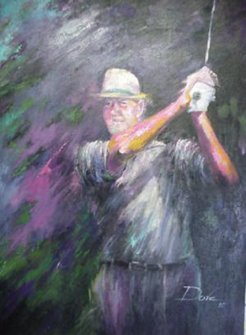 Golfer in a white hat swings club with blurred purple and green background.