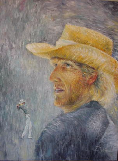 Painting of a man in a straw hat watching a golfer in the rain.