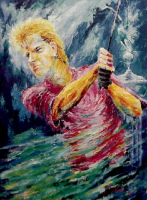 Blond golfer in a pink shirt swings a club, green and blue abstract background.