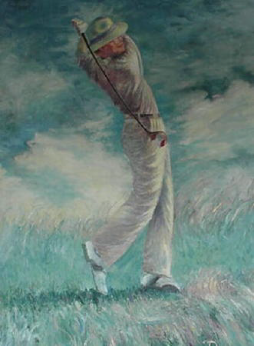Golfer in white suit swinging club, green field, overcast sky.