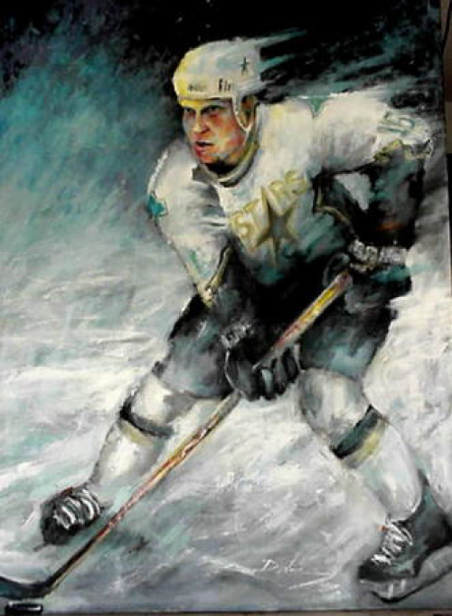 Hockey player in white and green uniform skates with puck, ice setting, blurred motion, action pose.